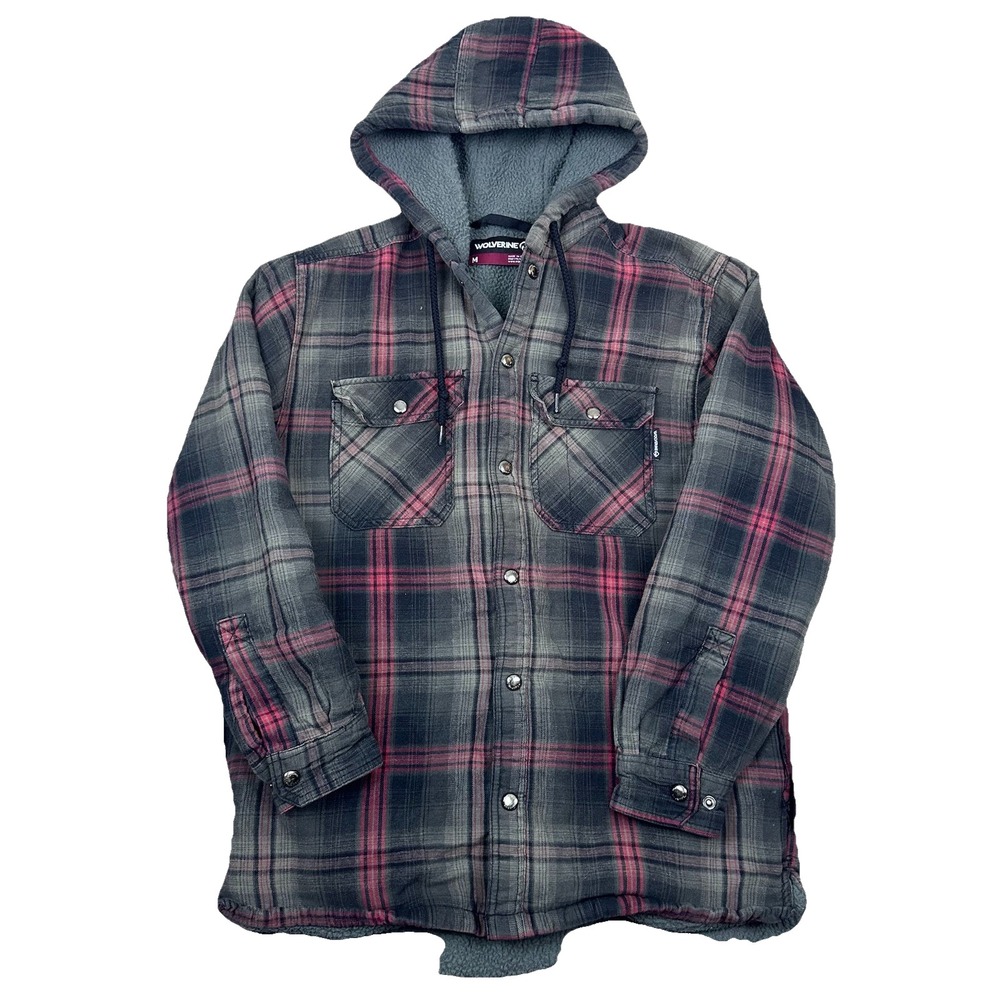 Wolverine Mens M‎ Sherpa Lined Hooded Flannel Shacket Jacket Gray Plaid Workwear